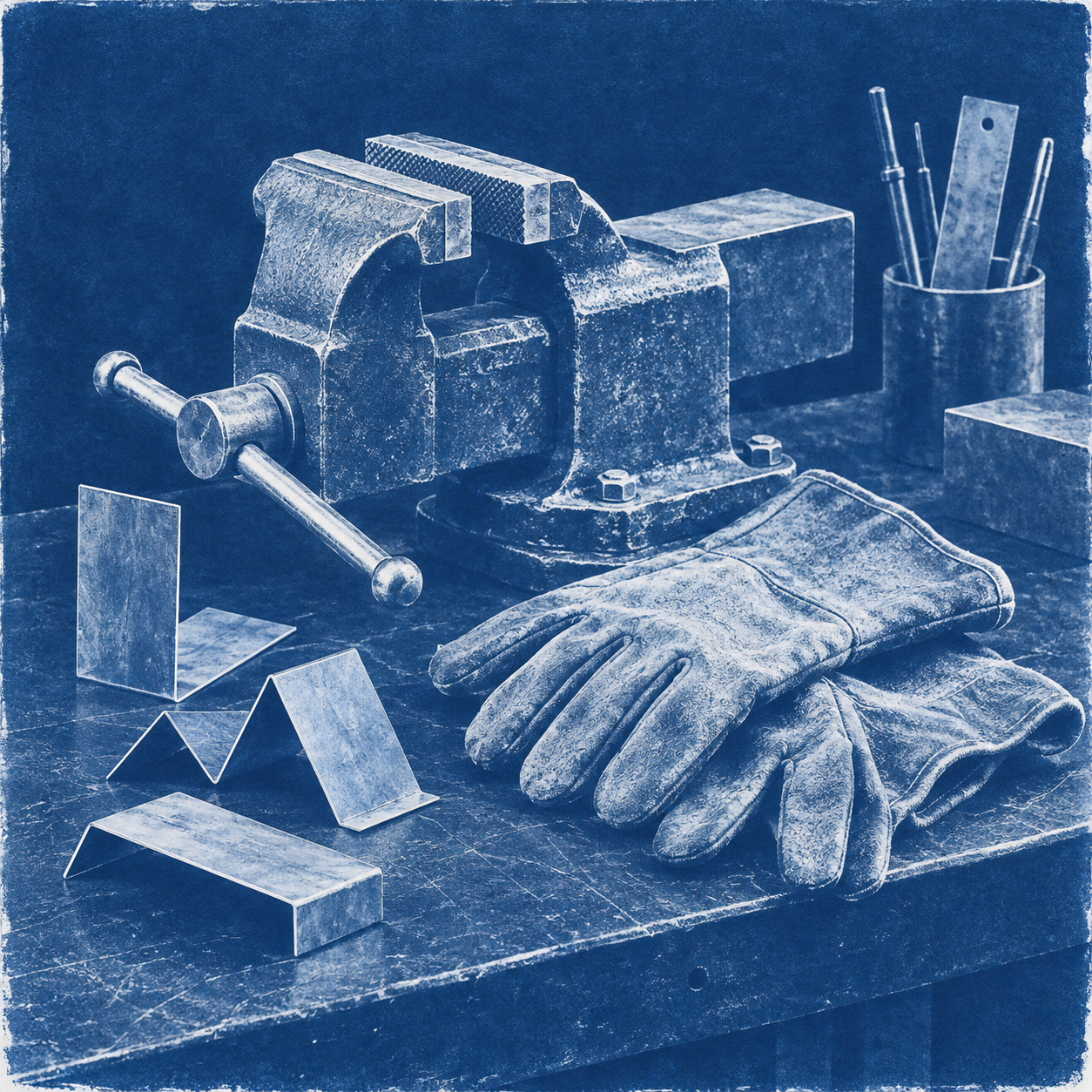 Illustration of small metal fabrication shop: a steel vise, protective gloves, folded steel samples