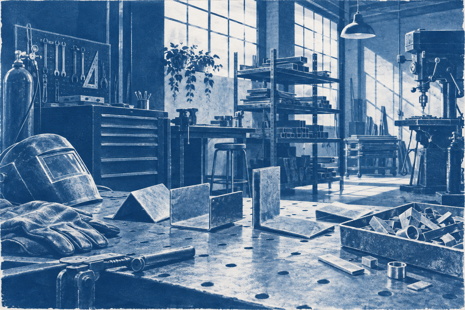 Illustration of small metal fabrication shop: folded steel samples, a welding table with no active sparks, brass offcuts