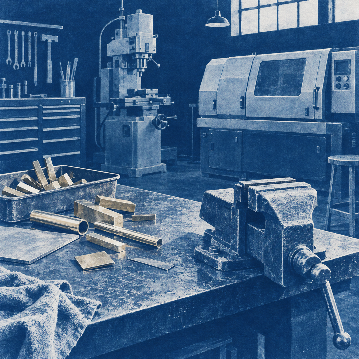 Illustration of small metal fabrication shop: brass offcuts, closed machine tools, a steel vise